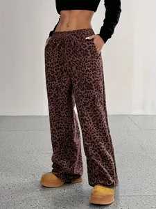 2026 Summer New American Retro Leopard Print Loose Wide Leg Pants with Pockets, Y2K Style, Elastic Waist, Floor Length, Casual Women's Trousers