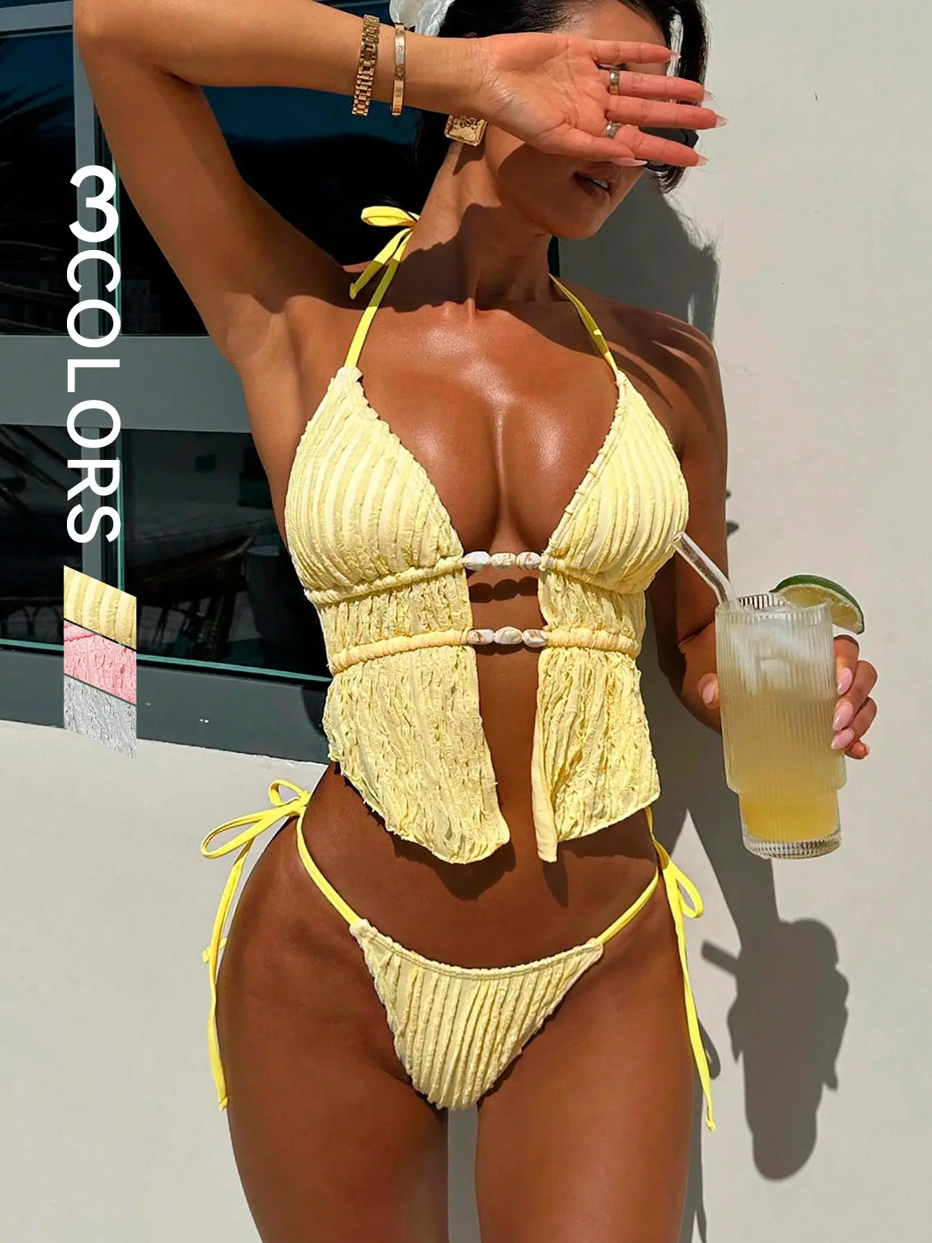 Sexy Two-Piece Plain Bikini Set with Tie Straps, High-Waist Cut-Out Design, Casual Beach Vacation Swimwear for Women, High Waist Swimsuit, Bikinis Set, Beachwear Swimsuit