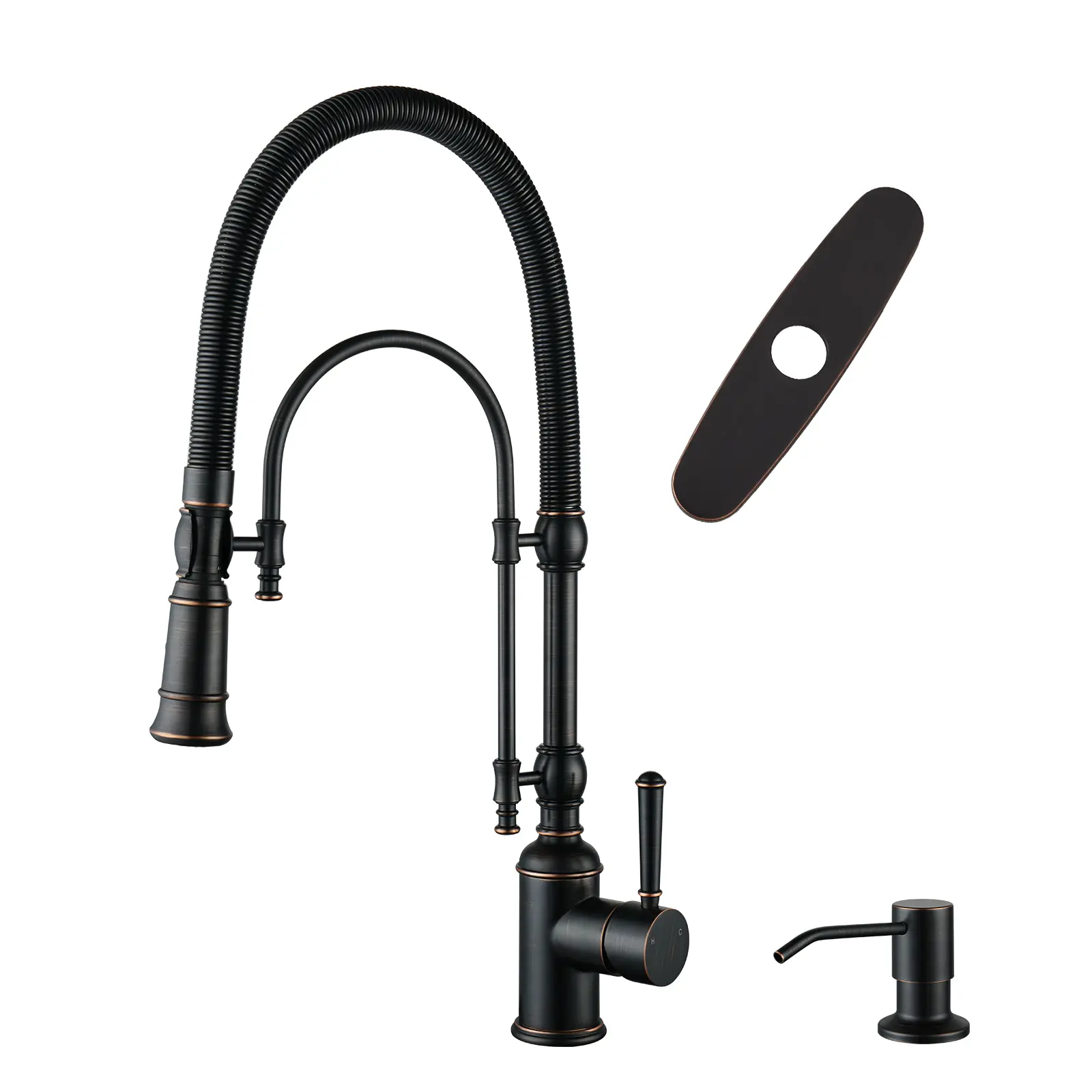 WOWOW 2-Function Single-Handle High Arc Gooseneck Pull-Down Sprayer Kitchen Faucet, Solid Brass with Spring Tube, Oil Rubbed Bronze Finish, Includes Soap Dispenser & Faucet Attachment, High Arc Faucet