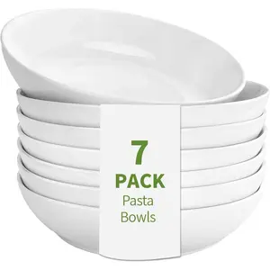 7 Pack Porcelain Pasta Bowls Ceramic , Large Serving Bowl, Wide and Shallow, Set 8.3 Inch - 30 Ounce - for Pasta, Salad, Cereal, Soup & Microwave & Dishwasher Safe