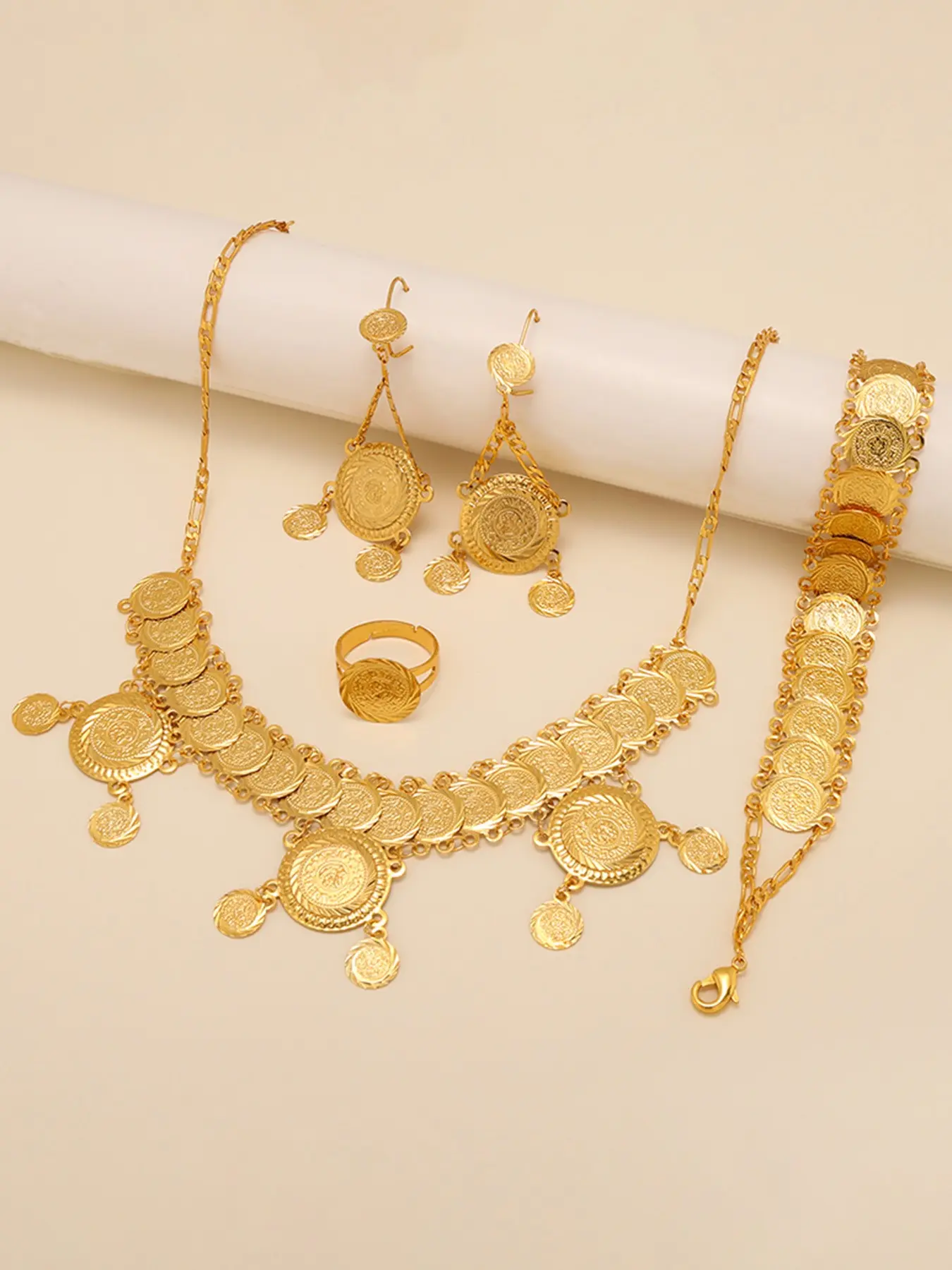 Middle Eastern Vintage Ethnic Gold Coin Jewelry Set, Arabic Currency Necklace, Bracelet, Ring, Earrings, Women's Daily Wear, Weddings, Holidays