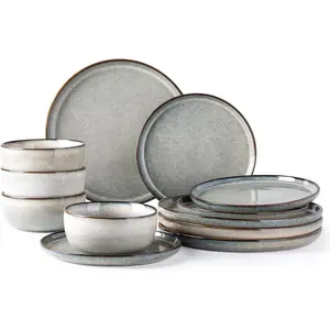 Dinnerware Sets for 4, 12 Pieces Stoneware and Sets, Reactive Glaze Dishes -Scratch Resistant, Dishwasher&Safe, Green Wheat