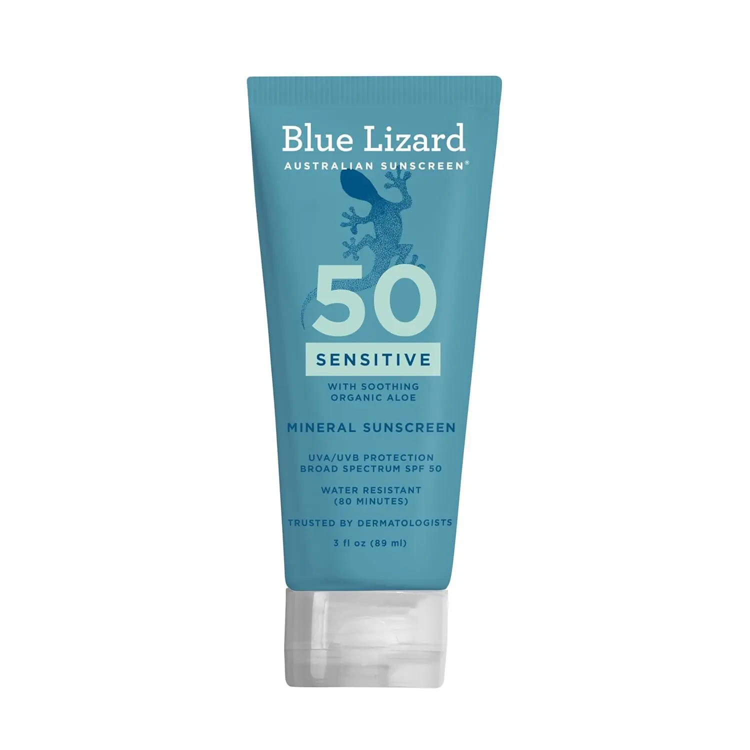 Blue Lizard SENSITIVE Mineral Sunscreen with Zinc Oxide, SPF 50+, Water Resistant, UVA/UVB Protection with Smart Cap Technology - Fragrance Free, 3 oz. Tube