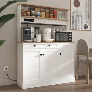 Kitchen Pantry Storage Cabinet with Power Outlets,Farmhouse Food Pantry Cabinets with Microwave Stand,Freestanding Kitchen Hutch Cabinet with Drawers and Adjustable Shelves
