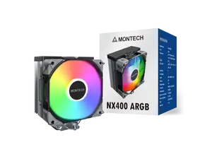 MONTECH NX400 ARGB - CPU Air Cooler, Single Tower, 4 Advanced Heat Pipes, 52-fin Heat Sink, E28, 120mm FDB Static Pressure Fan, 28mm Fan Thickness, Polished Top Cover, ARGB Lightning - Black
