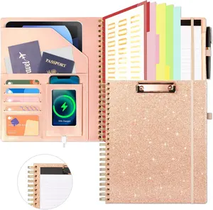 Clipboard with Storage for Women, Leather Padfolio Portfolio Organizer, 5 Folders with 10 Pockets, Spiral Clipboard Folio with Notepad for Letter Size, Elastic Closure and Pen Loop Rose Gold