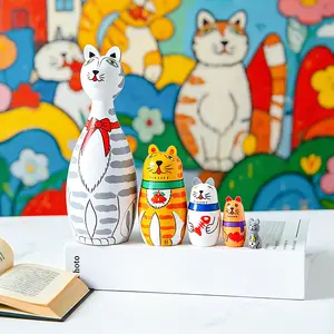 Set of 5 Nesting Dolls - Adorable Handmade Wooden Matryoshka Stacking Toys for Children, Kids Cat & Dog Lovers - Cute Figurine and Decorative Ornament for Home Decor, Office Desk, Bookshelf - Unique Gift Idea for Birthday, Easter, Halloween & Christmas