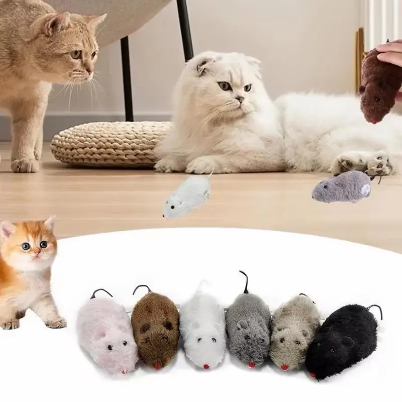 Plush Mouse Cat Toy with Wind-Up Function, Running Fake Mouse Toy with Wiggling Tail, Interactive Cat Teaser Toy for Indoor Cats & Kittens