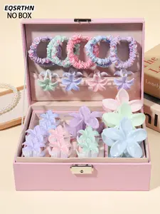 The 26pcs macaron gradient Flower hair accessory gift box includes floral hair bands and multi-sized flower clips. The macaron color scheme in pink, purple and blue is transparent and has a gradient texture. It is a light luxury gift box with an ins style