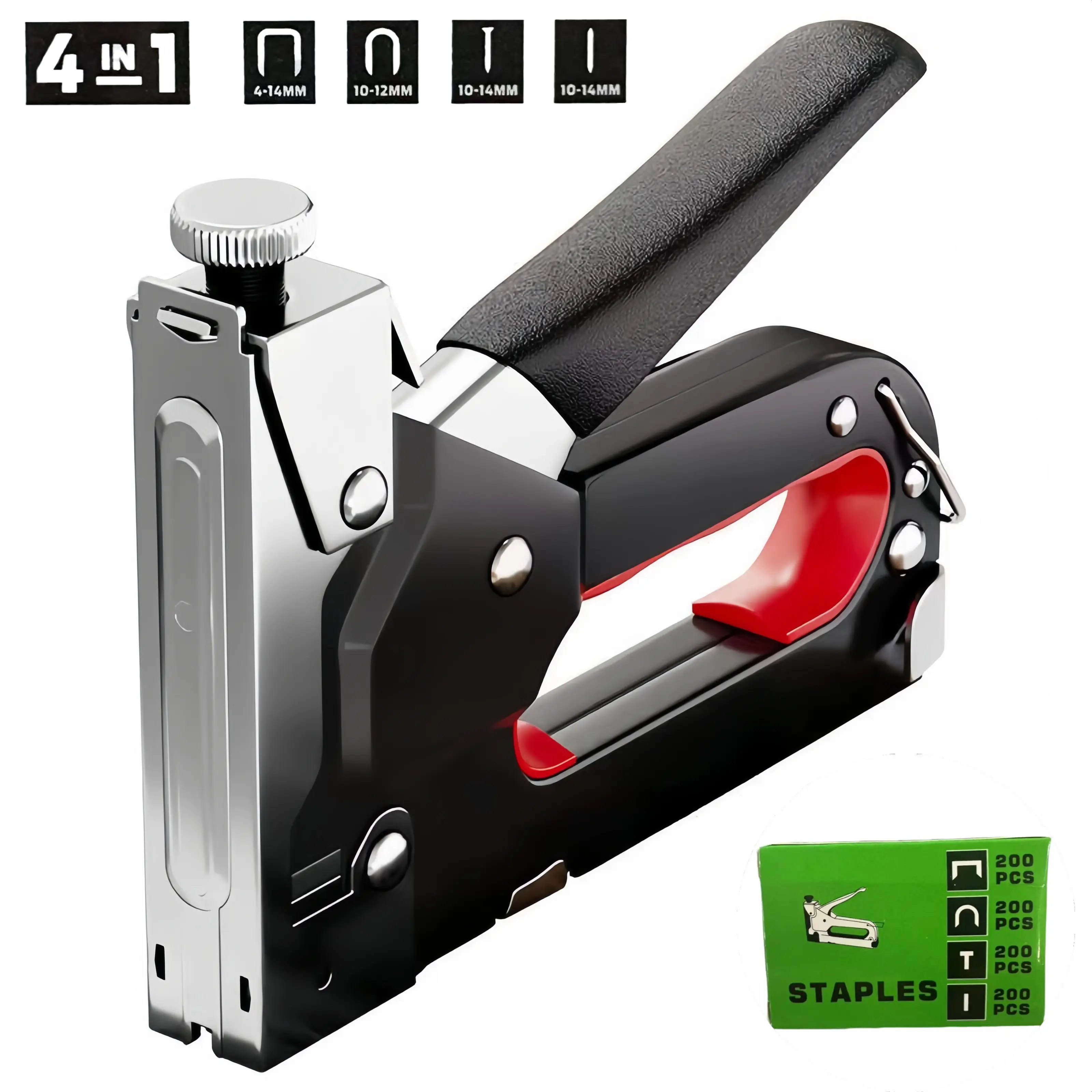 4-in-1 Robust Manual Staple Gun - Fasteners & Staples-Compatible, Heavy Duty Tool with Ergo Handle & Adjustable Feature for Fabric Repair, Wood Fixing (Office Stationery Binder Accessory)