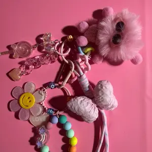 Key Chain with Pink Fuzzy Bear, Colorful Beads, and Floral Charm for Stylish Key Organization