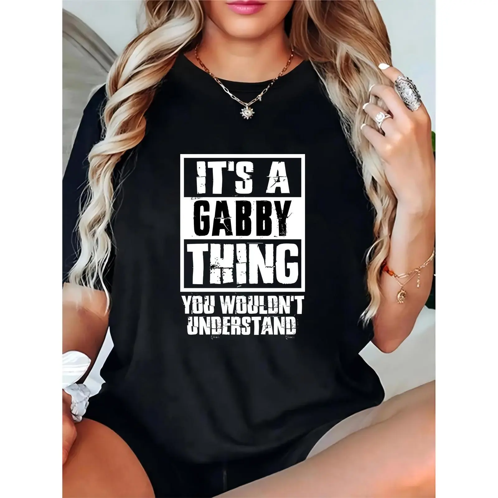 Women's Crew Neck Short-Sleeve Distressed Black Cotton T-Shirt - "It’s a Gabby Thing You Wouldn’t Understand", 100% Cotton, Lightweight, Breathable Fabric, Relaxed Fit, Loose-Fitting, Casual Wear, Gift for Gabby Enthusiasts, Distressed Text, Skirts, Distr
