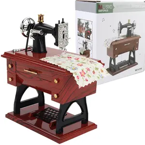 UFORU Vintage Mini Sewing Machine Style Plastic Music Box Table Desk Decoration Toy Gift for Kid Children, brown Flower Design Home
