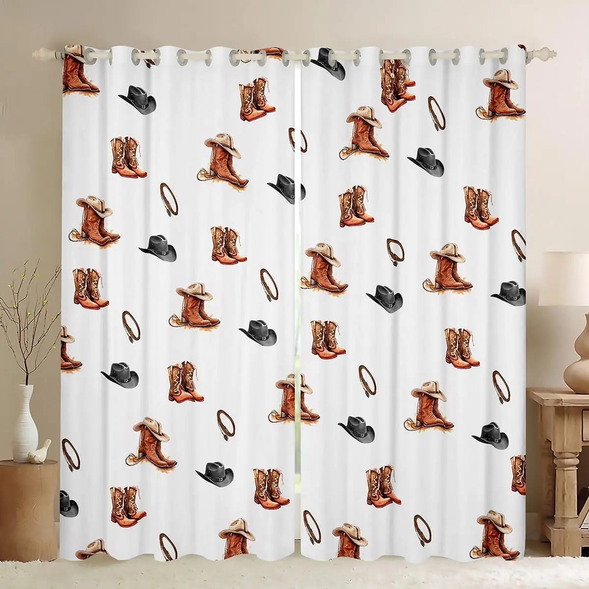 Feelyou 2-Panel Wild West Cowboy Dark Velvet Privacy Grommet Curtains (38x54in), Durable Soft-Touch Fabric Home Decoration Curtain, Western Theme Interior Accessory with Plastic Grommets for Bedroom, Home Textile