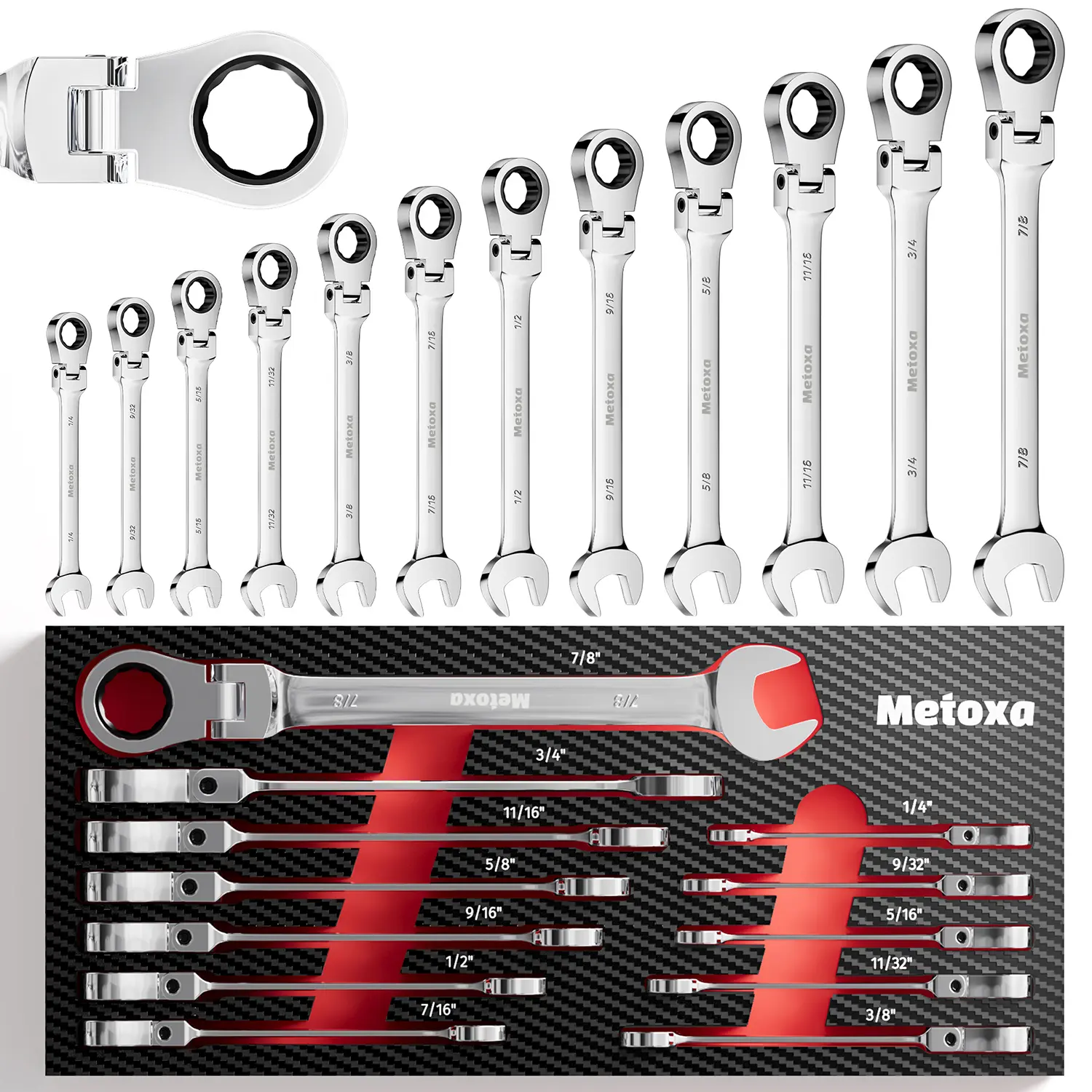 METOXA 12-Piece SAE Flex-Head Ratcheting Combination Wrench Set - 72-Teeth CR-V Steel, 1/4–7/8 Inch Coverage, EVA Organizer Tray, Heavy-Duty Hand Tool for Auto Repair, DIY Maintenance