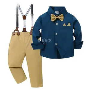 NewBoarnseorl Boys' Gentleman Outfit Set - Includes Long-Sleeve Collared Shirt with Bow Tie and Green Suspenders - Perfect for Birthday Parties, Weddings, Performances, and Formal Events