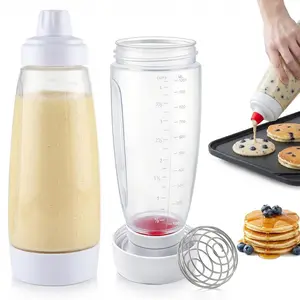 2 Pack Pancake Batter Dispenser & Mixer Bottle with Wire Whisk Ball - Squeeze Dispenser for Batter, Waffles, Cupcakes, Crepes - Heat Resistant Silicone Tip, BPA Free Baking Tool for Blackstone Griddle