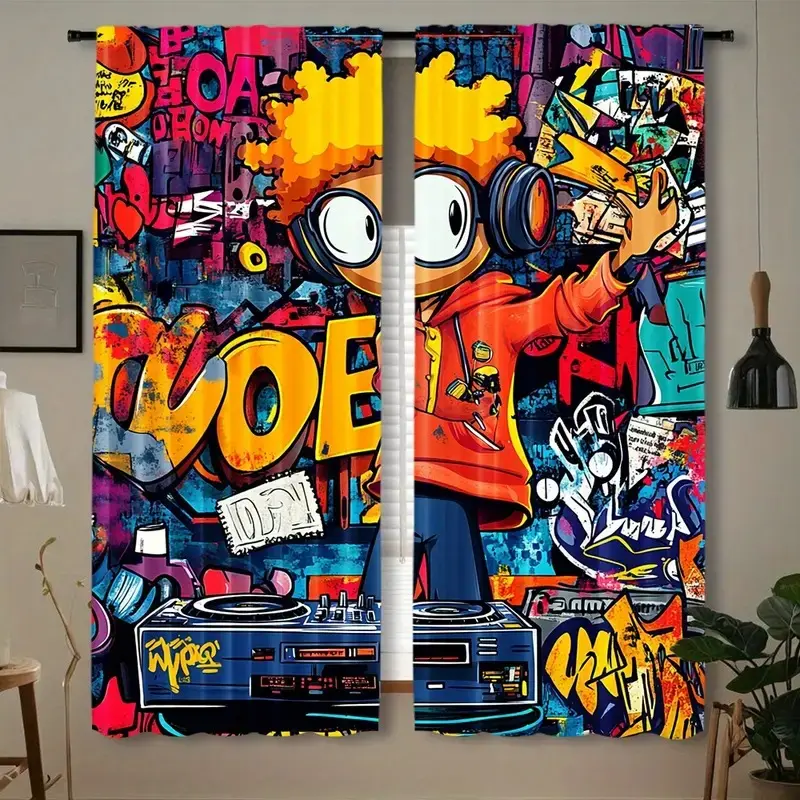 Vibrant Graffiti Hip Hop Music Print Curtains, Window Curtain, Window Drapes, HD Digital Printing, Rod Pocket Installation, 100% Polyester, All-Season UV Protection, Window Hanging, Easy Install Curtain