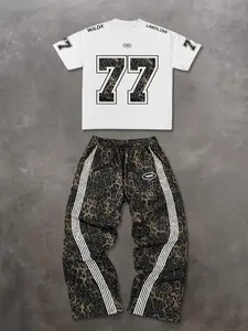 Trendy Streetwear Short-Sleeve Long Pants Set, Oversized Short-Sleeved + Straight-Leg Leopard Print Graphic Sweatpants, High-Street Hip-Hop Style, Trendy Two-Piece