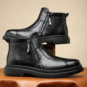 PU Men's Zipper Boots, Casual Classic Walking Shoes, Suitable for Daily Wear and Outdoor Activities, All-Season Versatile Fashion Leather Boots