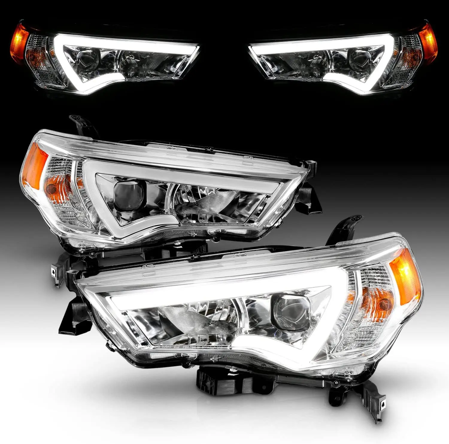 AmeriLite for 2014-2023 Toyota 4Runner LED Tube Square Chrome Projector Headlights Assembly Set - Passenger and Driver Side