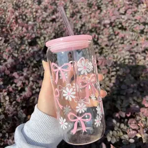 16oz Bow & Flower Pattern Glass Cup, Glass Water Bottle with Straw & Lid, Drinking Cup for Home Office School, Gift for Friend, Clear Water Bottle, Clear Water Tumblers