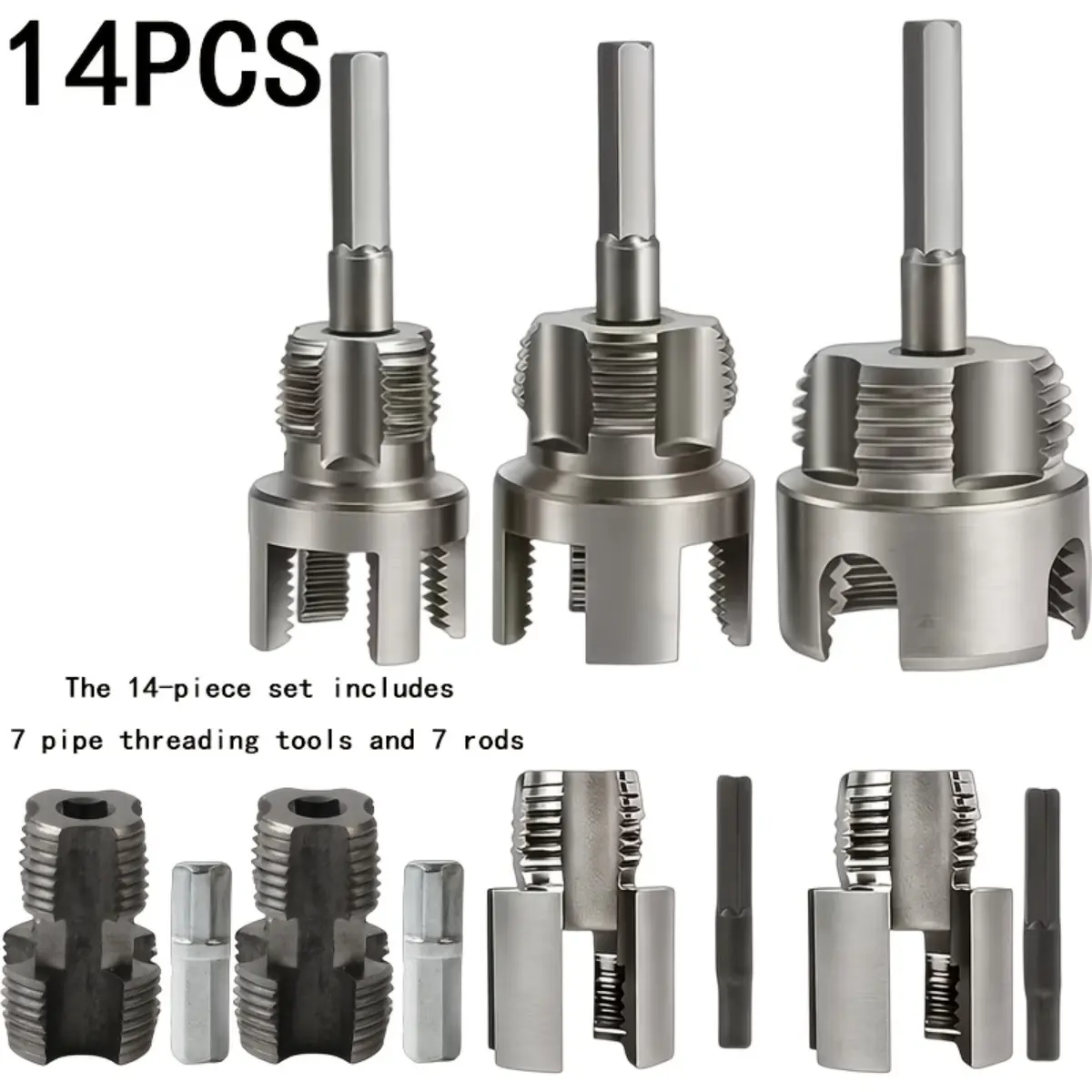 14PCS Heavy Duty PVC Pipe Threading Kit, Internal External Pipe Reamer and Thread Cutter, Drill Compatible Fast Pipe Threading Tool for PVC PPR MPP Plumbing Installation Repair DIY, Pipe Threader Kit