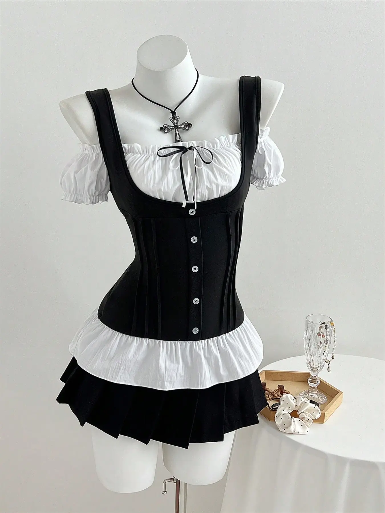 Women's French Style Summer Slim Fit Top, Cute Bow Design Short Sleeve Shirt, Patchwork Design Fitted Casual Top, Womenswear, Clothes