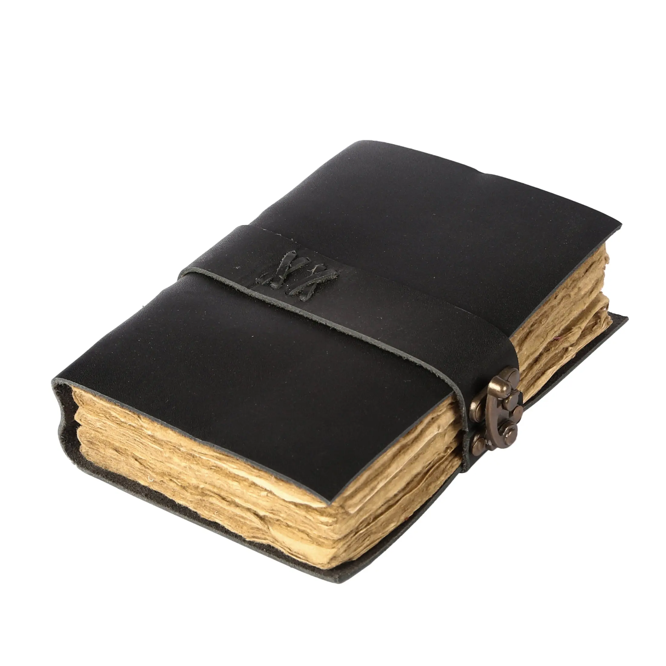 Handcrafted Vintage Leather Journal with Lock – Antique Deckle Edge Paper, 200 Pages (Black)