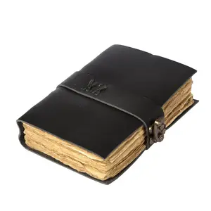Handcrafted Vintage Leather Journal with Lock – Antique Deckle Edge Paper, 200 Pages (Black)