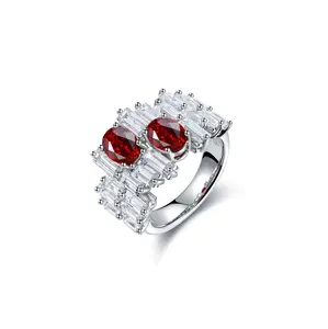 Oval Ruby Ring with Irregular Baguette CZ Accent,Sterling Silver Engagement Ring,Unique Baguette Band, Red Gemstone Ring Gift for Her