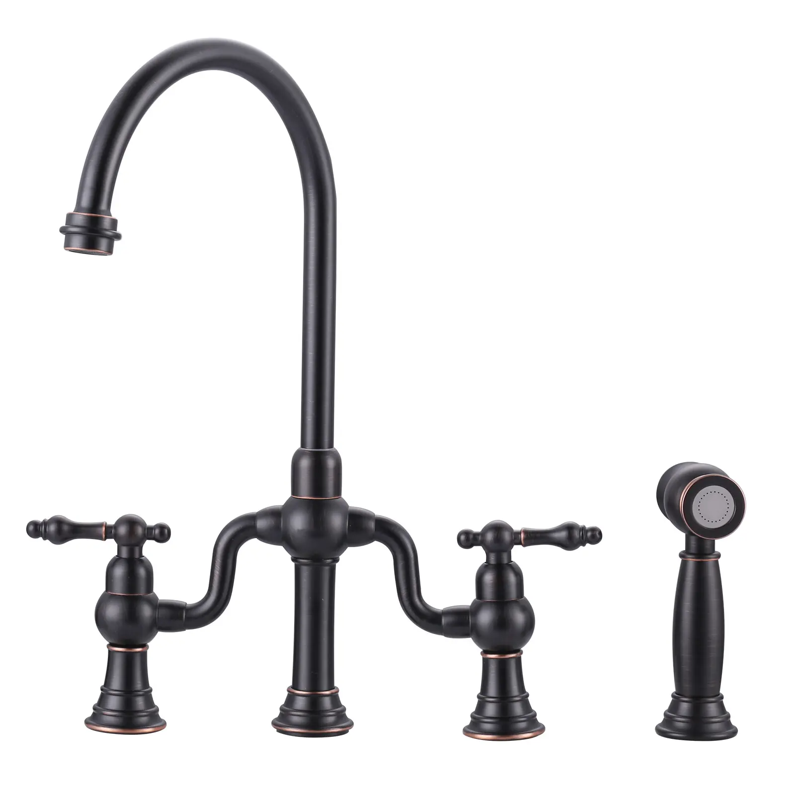 WOWOW Solid Brass High Arc Deck-Mounted Bridge Kitchen Faucet - Double Handles for Temperature Control, Retro Oil Rubbed Bronze Finish, Faucet Sprayer Attachment, Aerator, High Arc Faucet