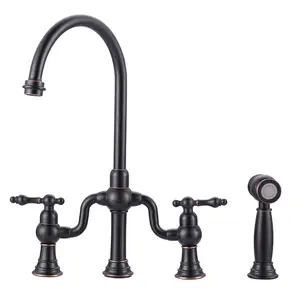 WOWOW Double Handle Deck Mounted Brass Bridge Kitchen Faucet with Side Sprayer in Oil Rubbed Bronze