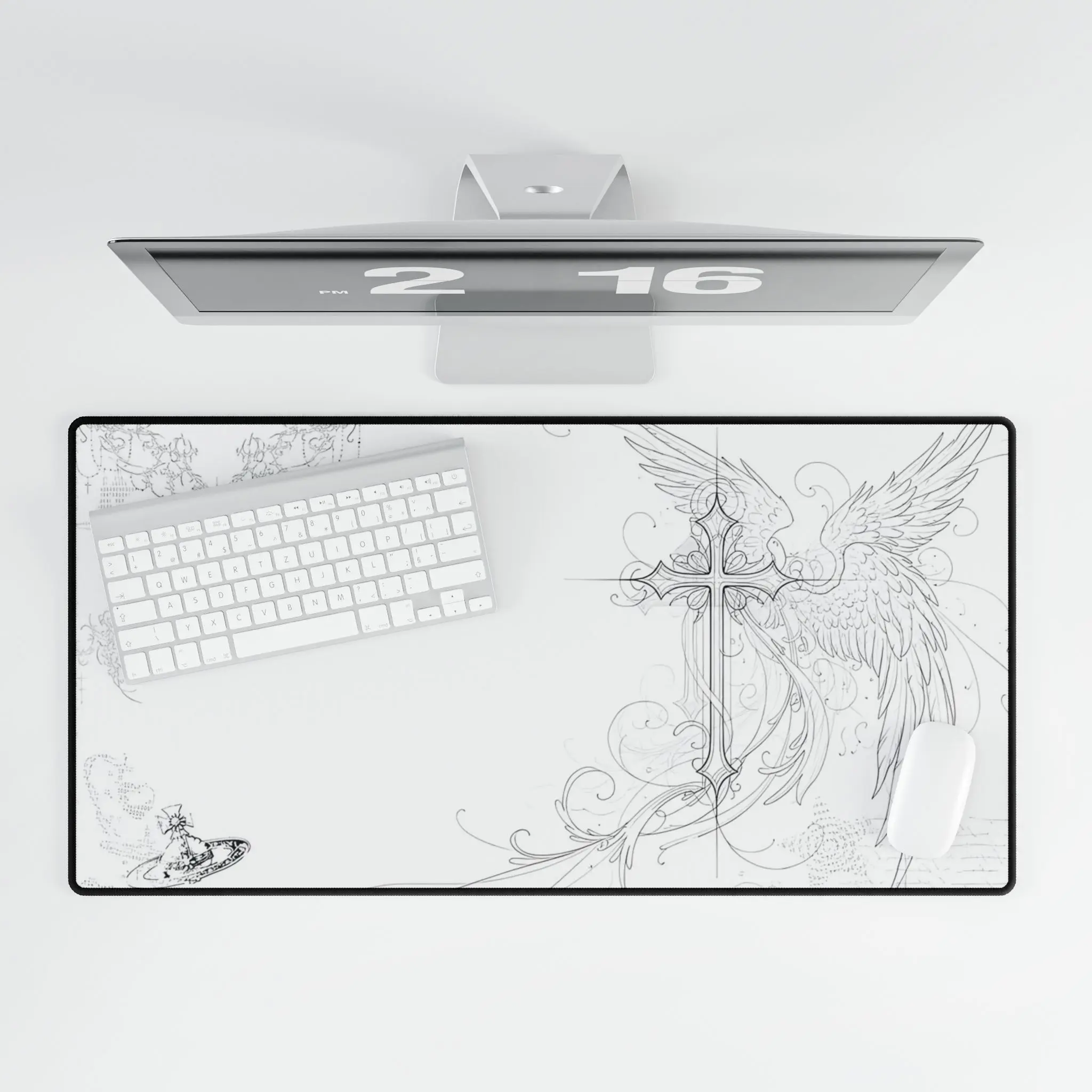 Cyber Angel Cross Cybersigilism Black and White Mouse Pad - Large Non Slip Desk Mat