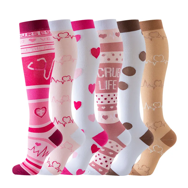 Women's Sport Compression Socks 6-Pack, Multicolor Athletic Calf Socks with Cute Heart and Pattern Designs, Breathable All-Day Comfort, Stretch Fit Socks with Calf Support for Running, Travel, Gym and Everyday Wear