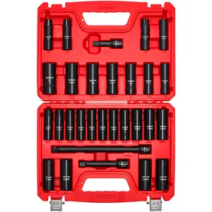 1/2 in Drive 29-Piece 6-Point Cr-V Steel Deep Sockets Set, SAE (3/8-1 in) & Metric (10-24 mm) Sizes, 3/5/10 in Extension Bars, Heavy Duty Carrying Case for High-Torque Jobs