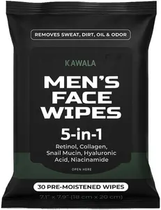 KAWALA Men's Face Wipes 5-in-1 Skin Cleansing & Repair Formula with Retinol Collagen Snail Mucin Hyaluronic Acid & Niacinamide, Removes Dirt, Sweat, Oil, Odor, 30 Pre-Moistened Wipes