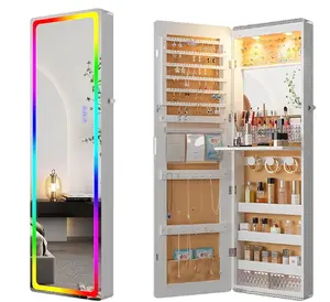 Mirror Jewelry Cabinet with RGB Lights,47.2" Wall Mounted Jewelry Organizer with Full-Length Mirror,Over The Door Hanging Jewelry Armoire Storage Cabinet,Folding Dresser,2 Drawers,Lockable