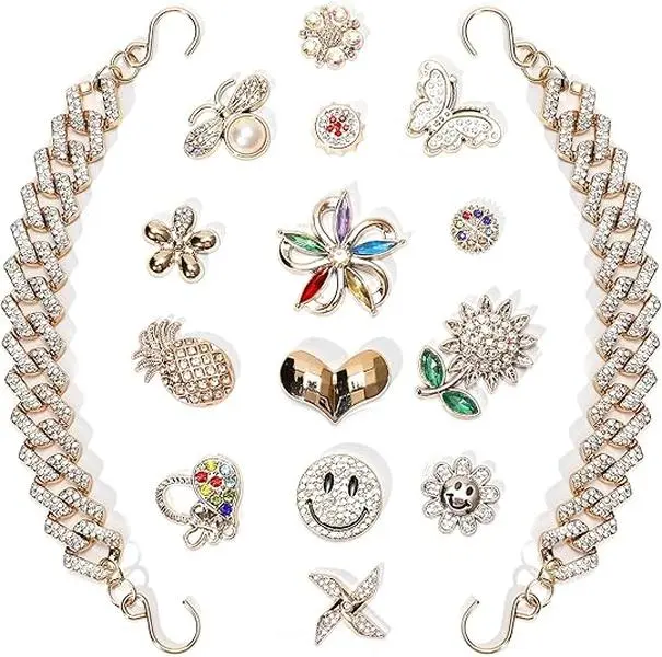 Bling Shoe Charms for Women, Rhinestone Shoe Decorations, Gold Chain Accessories for Clogs, Sandals and Slides