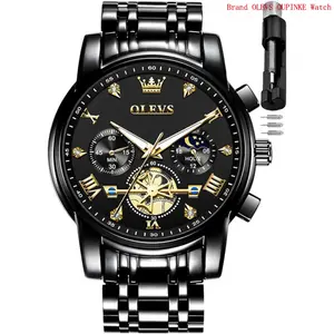 Brand OLEVS Men Skeleton Watches Stainless Steel Analog Quartz Moon Phase Male Watch, Diamond Multi Calendar Chronograph Watch,Waterproof Wrist Watch for Men