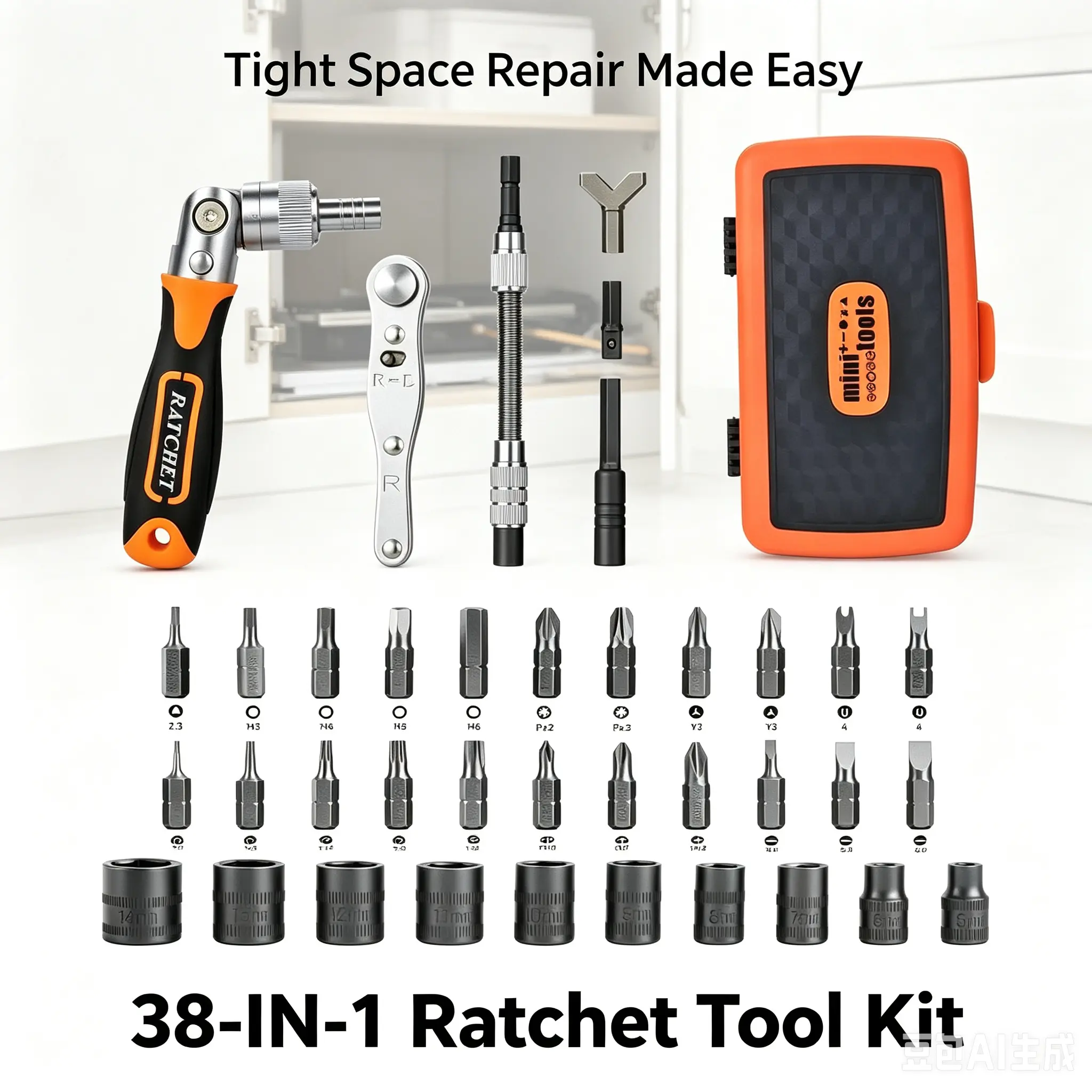 Set 38-in-1 CR-V Steel Telescopic 180° Adjustable for Car Repair Spark Plug Sockets Multi-Purpose Wrench torque multiplier Ratcheting Metric and SAE