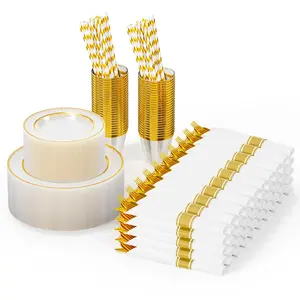 ROVSUN 400 Pcs Gold Clear Dinnerware Set for 50 Guests, Elegant Plastic Plates Disposable for Party Wedding, 50 Dinner Plates, Dessert Plates, Cups, Silverware set, Pre Rolled Napkins, Straws