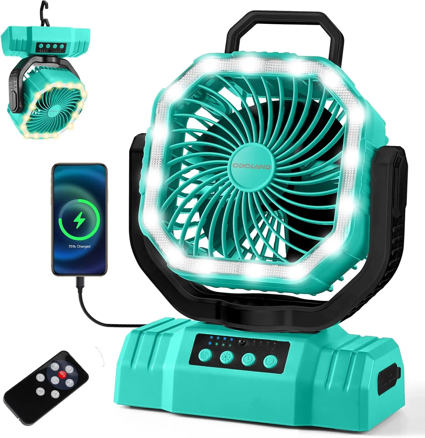 Odoland 20000mAh Rechargeable Camping Fan & LED Lantern with Power Bank, Auto Oscillation, Remote, Timer, 4 Speeds and 360° Hook