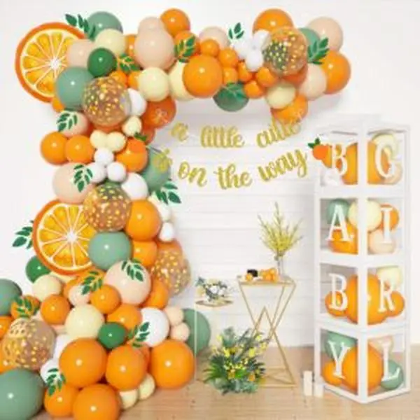 138pcs Baby Shower Balloon Decorations Kit - 4pcs Letter Baby Blocks, 12in Orange Balloon Garland, "A Little Cutie Is On The Way" Banner, 40pcs Artificial Leaves, 15pcs Artificial Leaves for 1st Birthday Party Supplies
