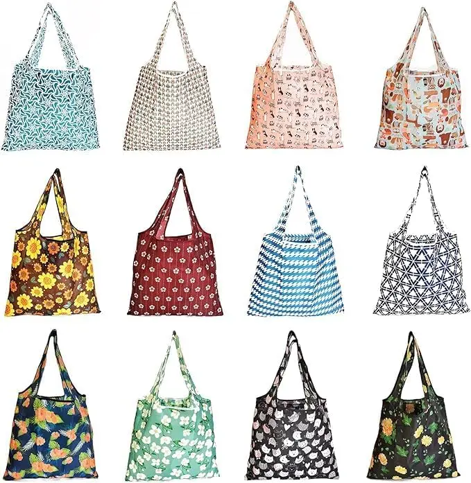 Reusable Grocery Bags,12 Pack Fold up Packable Recycling Shopper Baggies Washable Shopping Tote Bag for Groceries
