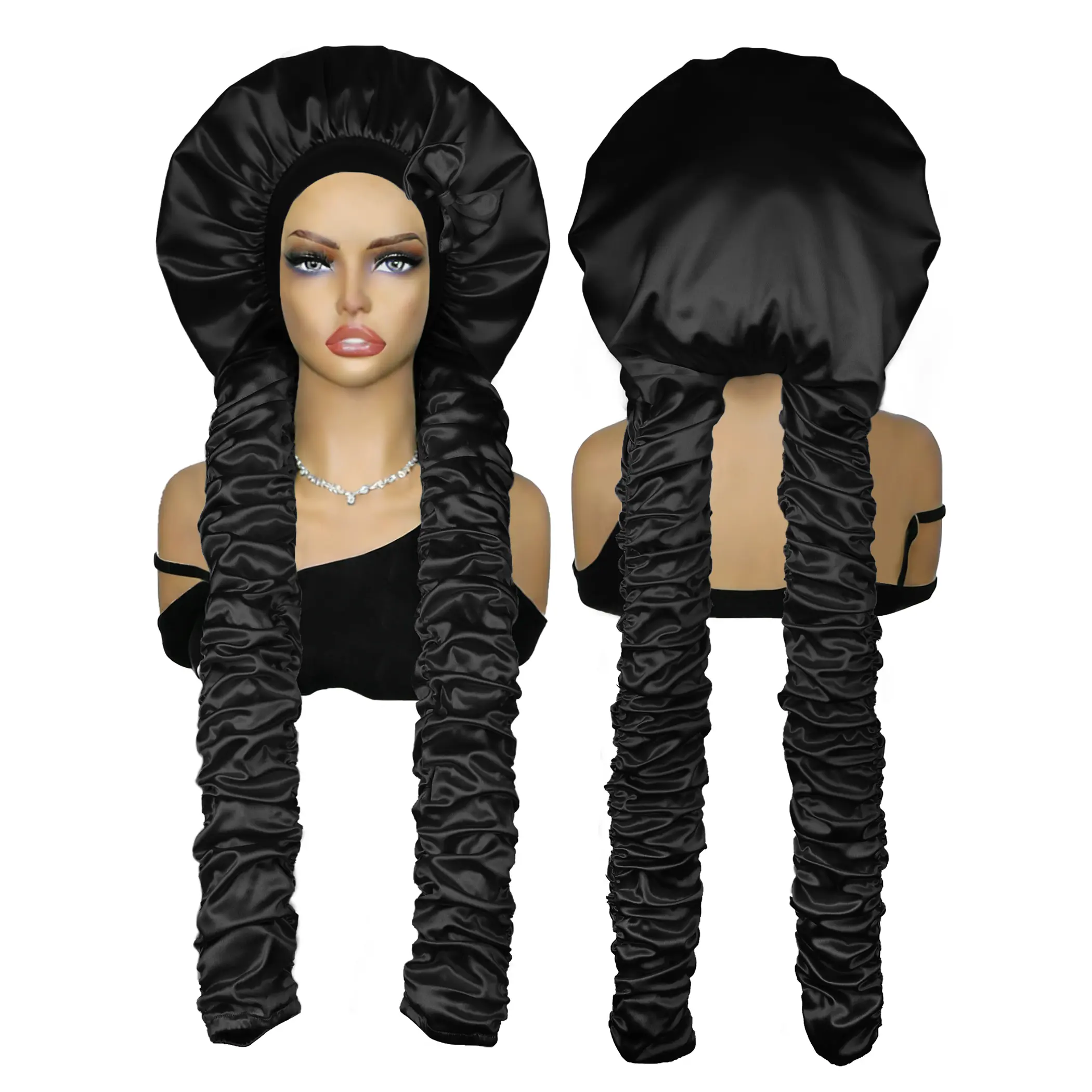 SeSe Code Extra Long Pleated Side Bands Satin Sleep Bonnet, Elastic Non-slip Hair Care Styling Cap