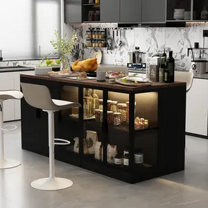 FUFU&GAGA 77” Kitchen Island with Glass Doors and Light, Large Kitchen Storage Island with Drawers and Shelves, for Home Bar