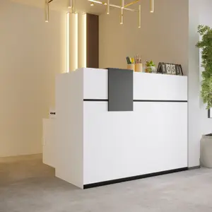 FUFU&GAGA Reception Desk Front Desk Reception Counter with Moveable Shelves, Reception Desk with Counter, Lockable Drawer, Black Tapes (55.1”W x 23.6”D x 43.3”H)