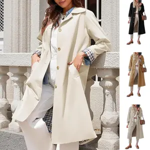 SCUSTY Womens Long Trench Coat Single Breasted Oversized Windproof Overcoat Fashion Mid-Length Trench Coat