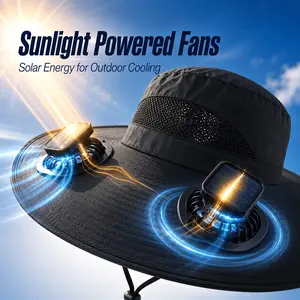 Outdoor solar-powered fan hat, dual-fan design, wide-brim design, USB rechargeable, long-lasting battery life, suitable for camping, hiking, fishing, and various other activities